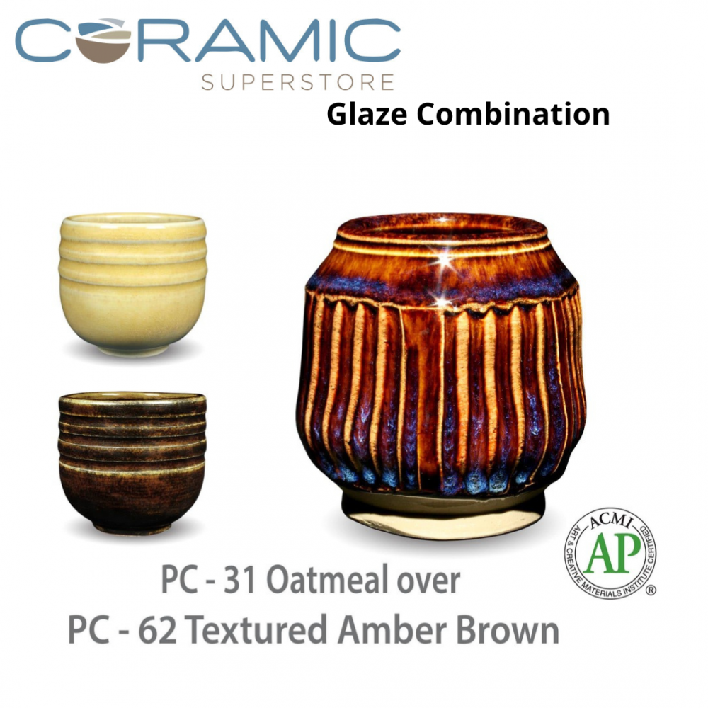 Oatmeal PC-31 over Textured Amber Brown PC-62 Pottery Cone 5 Glaze Combination
